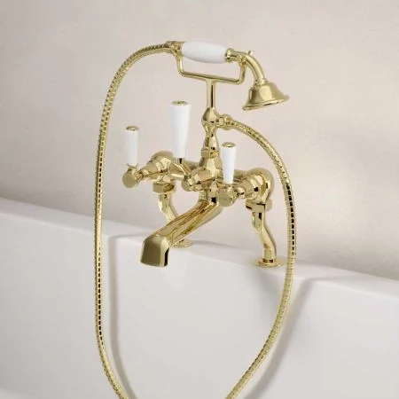 Linton Bath Shower Mixer White Lever Timeless Brass 3/4BSP