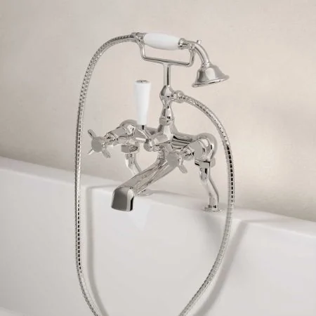 Linton Deck Mounted 2 Hole Bath Shower Mixer - Crosshead - Polished Nickel