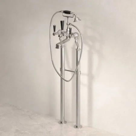 Linton Floor Mounted 2 Hole Bath Shower Mixer with 620mm Standpipes - Black Lever - Polished Nickel