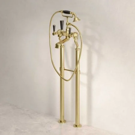 Linton Bath Shower Mixer with 620mm Standpipes Black Lever Timeless Brass 3/4BSP (For Baths Without Tap Holes Only)