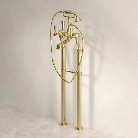 Linton Bath Shower Mixer with 725mm Standpipes  Metal Lever Timeless Brass 3/4BSP (For Baths Without Tap Holes Only)