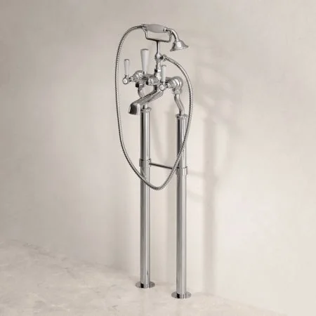 Linton Classic Floor Mounted Bath Shower Mixer with 725mm Standpipes & White Levers in Chrome