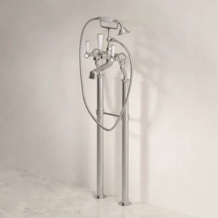 Linton Classic Floor Mounted Bath Shower Mixer with 725mm Standpipes & White Levers in Polished Nickel