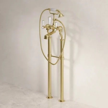 Linton Classic Floor Mounted Bath Shower Mixer with 620mm Standpipes & White Levers in Timeless Brass