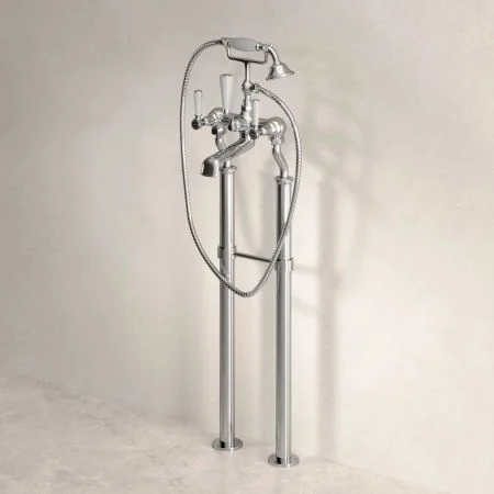 Linton Floor Mounted 2 Hole Bath Shower Mixer with 725mm Standpipes - White Lever - Chrome
