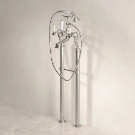 Linton Floor Mounted 2 Hole Bath Shower Mixer with 620mm Standpipes - White Lever - Polished Nickel