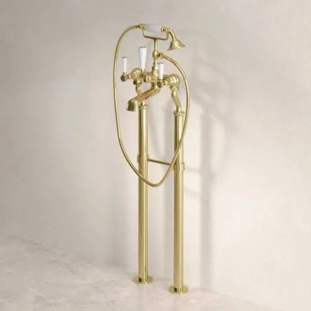 Linton Floor Mounted 2 Hole Bath Shower Mixer with 725mm Standpipes - White Lever - Timeless Brass