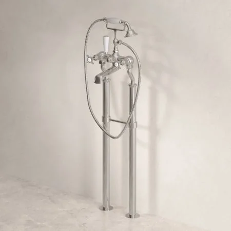 Linton Classic Floor Mounted Bath Shower Mixer with 725mm Standpipes & Crossheads in Polished Nickel