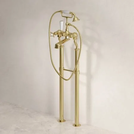 Linton Classic Floor Mounted Bath Shower Mixer with 725mm Standpipes & Crossheads in Timeless Brass