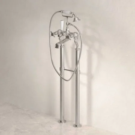Linton Floor Mounted 2 Hole Bath Shower Mixer with 725mm Standpipes - Crosshead - Polished Nickel