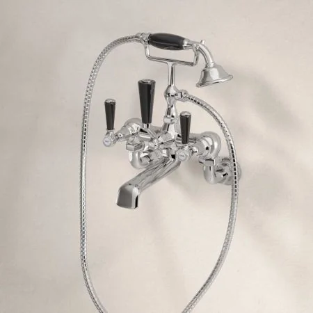 Linton Wall Mounted 2 Hole Bath Shower Mixer - Black Lever - Chrome