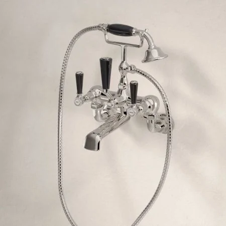 Linton Wall Mounted 2 Hole Bath Shower Mixer - Black Lever - Polished Nickel