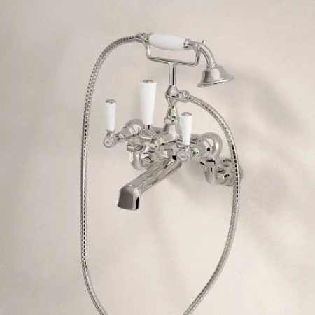 Linton Wall Mounted 2 Hole Bath Shower Mixer - White Lever - Polished Nickel