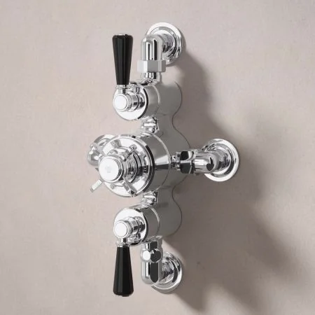 Linton Dual Outlet Semi Exposed Shower with Handheld Shower Hook, 210mm Ceiling Arm & 6" Rose - Black Lever - Chrome