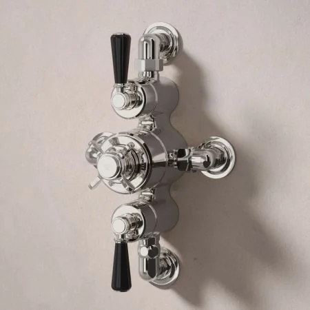 Linton Dual Outlet Semi Exposed Shower with Handheld Shower Hook, 500mm Wall Arm & 8" Rose - Black Lever - Polished Nickel