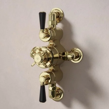 Linton Dual Outlet Shower Kit - Semi-Exposed Valve - 6 inch Rose - Black Ceramic Lever - Handheld Shower Hook - Ceiling Mounted Rose - Timeless Brass