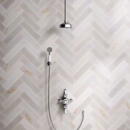Linton Classic Dual Outlet Semi Exposed Shower with Handshower Hook, 210mm Ceiling Arm, 6" Rose & White Levers in Chrome