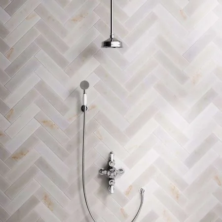 Linton Dual Outlet Semi Exposed Shower with Handshower Hook, 210mm Ceiling Arm, 6" Rose & White Levers in Chrome