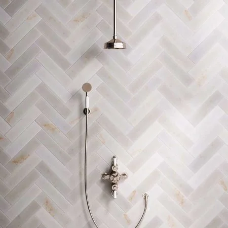 Linton Dual Outlet Semi Exposed Shower with Handshower Hook, 210mm Ceiling Arm, 6" Rose & White Levers in Polished Nickel