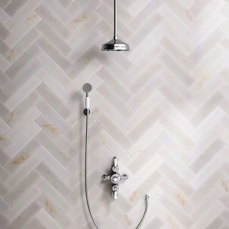 Linton Classic Dual Outlet Semi Exposed Shower with Handshower Hook, 210mm Ceiling Arm, 8" Rose & White Levers in Chrome