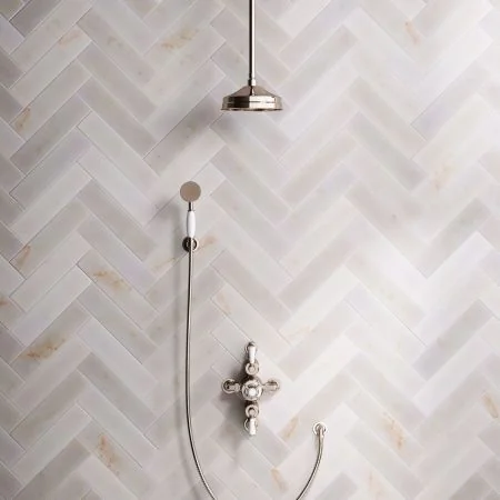 Linton Classic Dual Outlet Semi Exposed Shower with Handshower Hook, 210mm Ceiling Arm, 8" Rose & White Levers in Polished Nickel