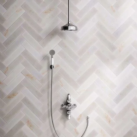 Linton Dual Outlet Semi Exposed Shower with Handshower Hook, 210mm Ceiling Arm, 8" Rose & White Levers in Chrome