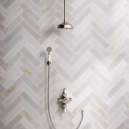 Linton Dual Outlet Semi Exposed Shower with Handshower Hook, 210mm Ceiling Arm, 8" Rose & White Levers in Polished Nickel