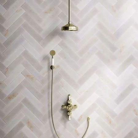 Linton Dual Outlet Shower Kit - Semi-Exposed Valve - 8 inch Rose - White Ceramic Lever - Handshower Hook - Ceiling Mounted Rose - Timeless Brass