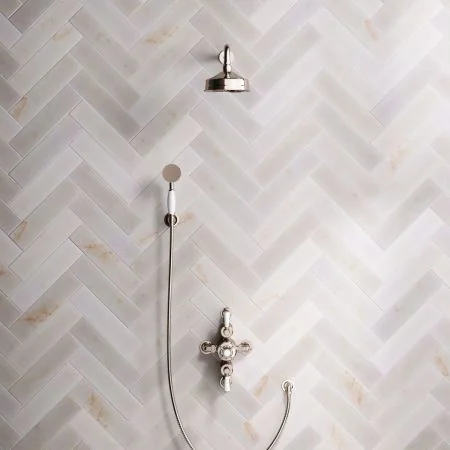 Linton Classic Dual Outlet Semi Exposed Shower with Handshower Hook, 500mm Wall Arm, 6" Rose & White Levers in Polished Nickel