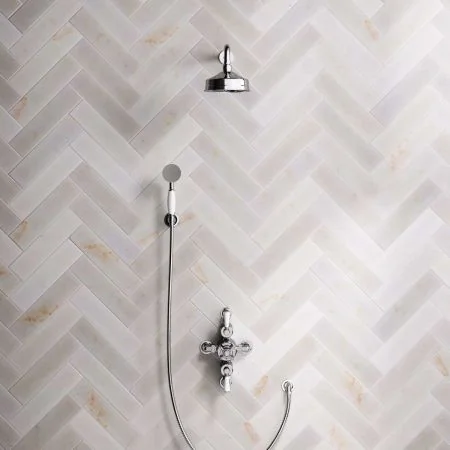 Linton Dual Outlet Semi Exposed Shower with Handshower Hook, 500mm Wall Arm, 6" Rose & White Levers in Chrome