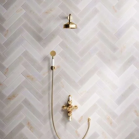 Linton Dual Outlet Shower Kit - Semi-Exposed Valve - 6 inch Rose - White Ceramic Lever - Handshower Hook - Living Brass