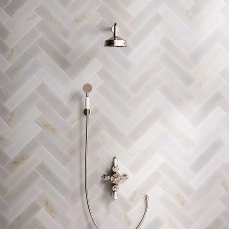 Linton Dual Outlet Semi Exposed Shower with Handshower Hook, 500mm Wall Arm, 6" Rose & White Levers in Polished Nickel