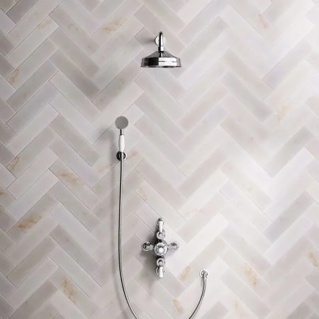Linton Classic Dual Outlet Semi Exposed Shower with Handshower Hook, 500mm Wall Arm, 8" Rose & White Levers in Chrome