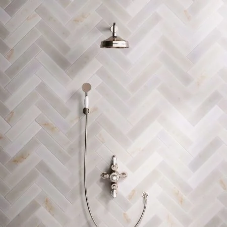 Linton Classic Dual Outlet Semi Exposed Shower with Handshower Hook, 500mm Wall Arm, 8" Rose & White Levers in Polished Nickel