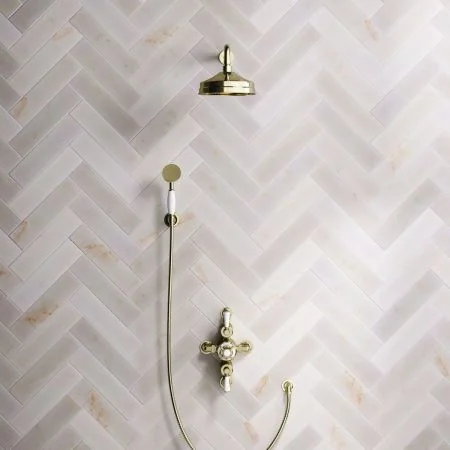 Linton Classic Dual Outlet Shower Kit - Semi-Exposed Valve - 8 inch Rose - 500mm Shower Arm - White Ceramic Lever - Handshower Hook - Timeless Brass