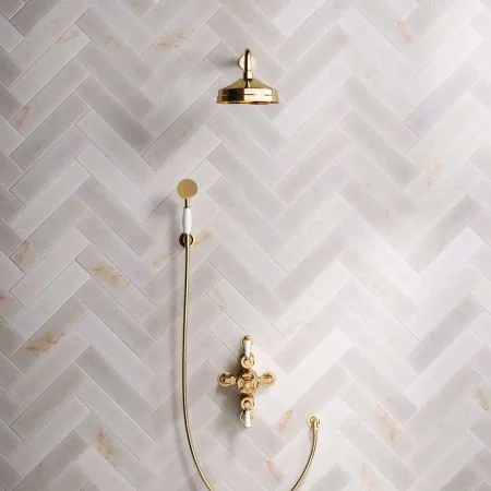 Linton Dual Outlet Shower Kit - Semi-Exposed Valve - 8 inch Rose - White Ceramic Lever - Handshower Hook - Living Brass