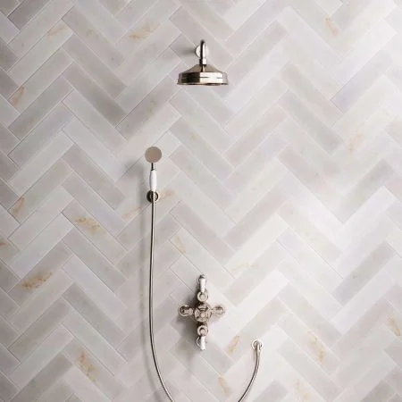 Linton Dual Outlet Semi Exposed Shower with Handshower Hook, 500mm Wall Arm, 8" Rose & White Levers in Polished Nickel