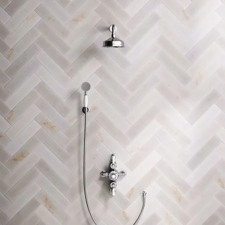 Linton Classic Dual Outlet Semi Exposed Shower with Handshower Hook, 300mm Wall Arm, 6" Rose & White Levers in Chrome