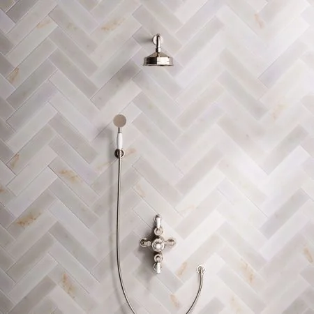 Linton Classic Dual Outlet Semi Exposed Shower with Handshower Hook, 300mm Wall Arm, 6" Rose & White Levers in Polished Nickel