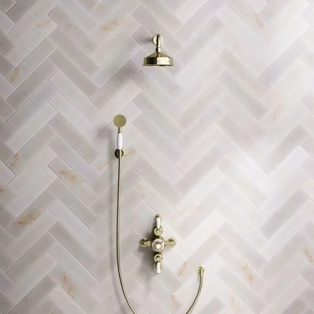 Linton Classic Dual Outlet Shower Kit - Semi-Exposed Valve - 6 inch Rose - White Ceramic Lever - Handshower Hook - Timeless Brass