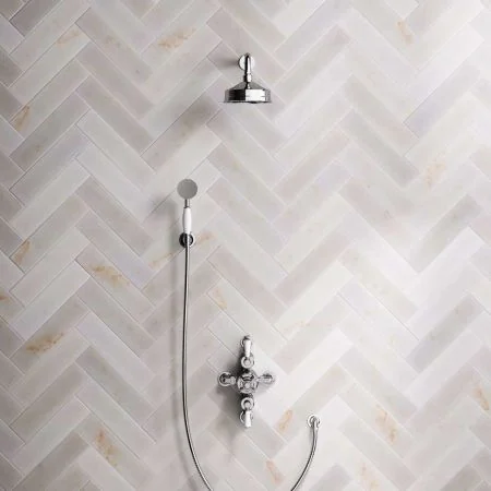 Linton Dual Outlet Semi Exposed Shower with Handshower Hook, 300mm Wall Arm, 6" Rose & White Levers in Chrome