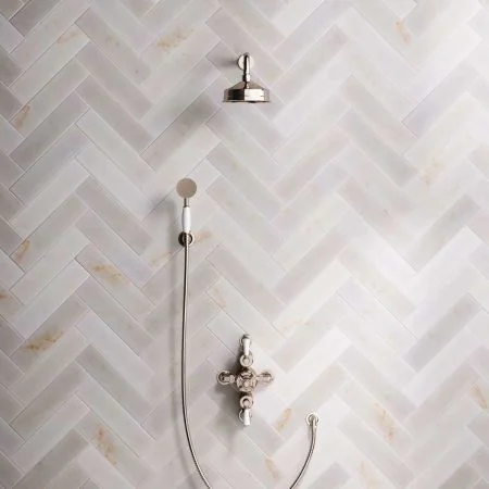 Linton Dual Outlet Semi Exposed Shower with Handshower Hook, 300mm Wall Arm, 6" Rose & White Levers in Polished Nickel