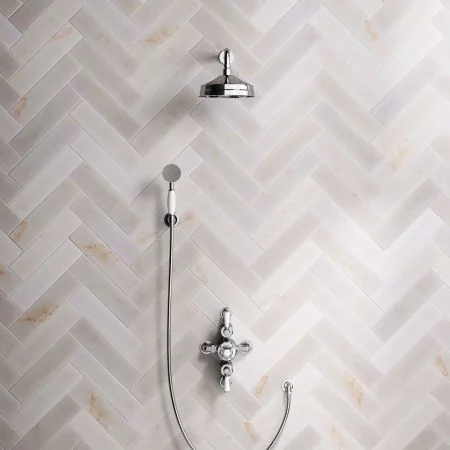 Linton Classic Dual Outlet Semi Exposed Shower with Handshower Hook, 300mm Wall Arm, 8" Rose & White Levers in Chrome
