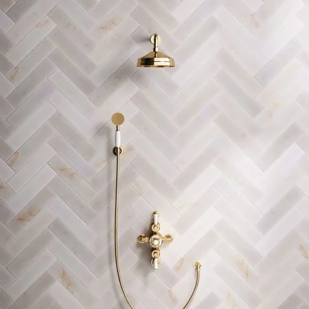 Linton Classic Dual Outlet Shower Kit - Semi-Exposed Valve - 8 inch Rose - White Ceramic Lever - Handshower Hook - Living Brass