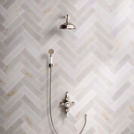 Linton Classic Dual Outlet Semi Exposed Shower with Handshower Hook, 300mm Wall Arm, 8" Rose & White Levers in Polished Nickel
