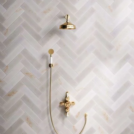 Linton Dual Outlet Shower Kit - Semi-Exposed Valve - 8 inch Rose - White Ceramic Lever - Handshower Hook - Living Brass