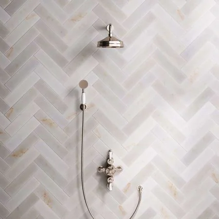 Linton Dual Outlet Semi Exposed Shower with Handshower Hook, 300mm Wall Arm, 8" Rose & White Levers in Polished Nickel