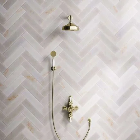 Linton Dual Outlet Shower Kit - Semi-Exposed Valve - 8 inch Rose - White Ceramic Lever - Handshower Hook - Timeless Brass
