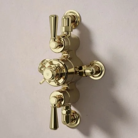 Linton Dual Outlet Shower Kit - Semi-Exposed Valve - 6 inch Rose - Metal Lever - Handheld Shower Hook - Ceiling Mounted Rose - Timeless Brass