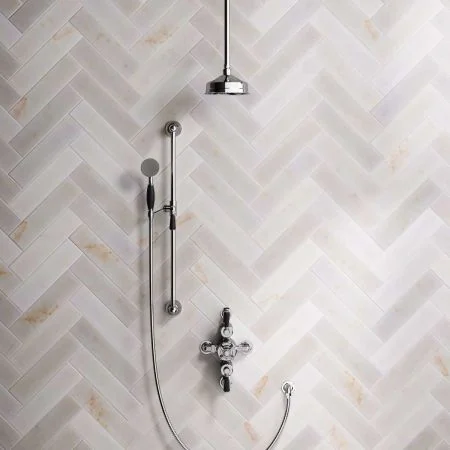 Linton Dual Outlet Semi Exposed Shower with Slider Rail, 210mm Ceiling Arm, 6" Rose & Black Levers in Chrome